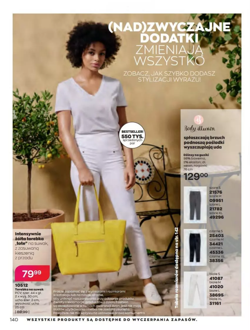 Gazetka promocyjna Avon - Katalog Avon 4/2022 kampania kwiecień - ważna 01.04 do 30.04.2022 - strona 140 - produkty: Dżinsy, Płaszcz, Sok, Torebka, Wełna