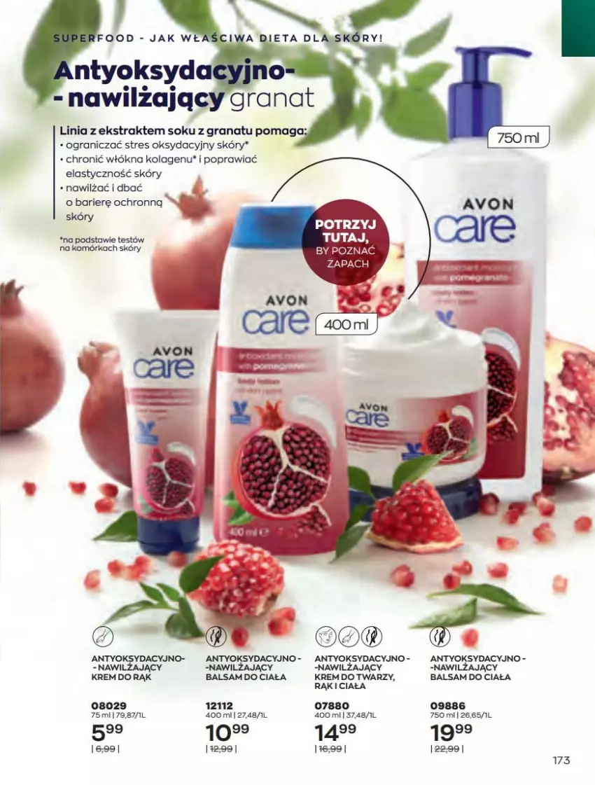 Gazetka promocyjna Avon - Katalog Avon 4/2022 kampania kwiecień - ważna 01.04 do 30.04.2022 - strona 173 - produkty: Balsam do ciała, Gra, Granat, Kolagen, Krem do rąk, Krem do twarzy, Nawilżający balsam, Sok