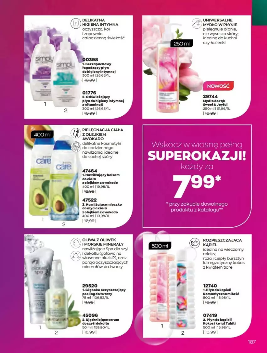 Gazetka promocyjna Avon - Katalog Avon 4/2022 kampania kwiecień - ważna 01.04 do 30.04.2022 - strona 187 - produkty: Bursztyn, Kokos, Mleczko, Mydło, Mydło w płynie, Nawilżający balsam, Olej, Oliwa z oliwek, Peeling, Płyn do higieny intymnej, Płyn do kąpieli, Por, Róża, Rum, Ser, Serum