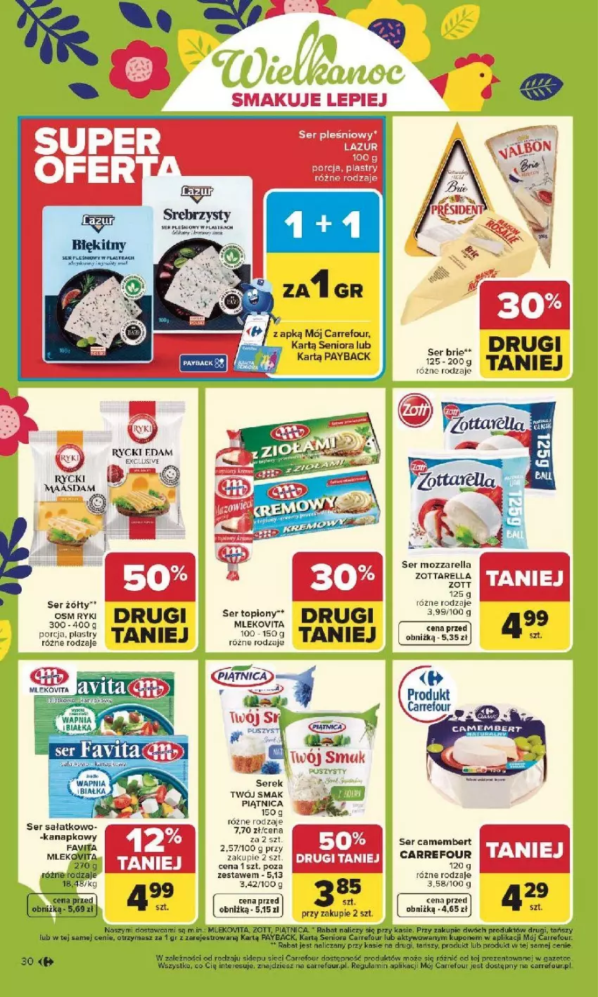 Gazetka promocyjna Carrefour - Gazetka Carrefour, Market od poniedziałku! - ważna 30.03 do 04.04.2026 - strona 32 - produkty: Brie, Camembert, Edam, Fa, Favita, Maasdam, Mleko, Mozzarella, Piątnica, Por, Rycki Edam, Sałat, Ser, Ser topiony, Serek, Top, Zott, Zottarella