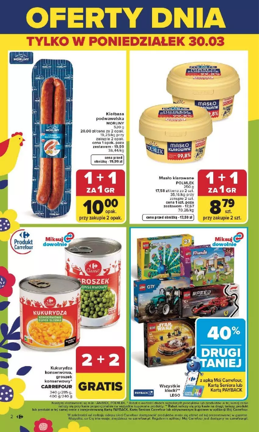 Gazetka promocyjna Carrefour - Gazetka Carrefour, Market od poniedziałku! - ważna 30.03 do 04.04.2026 - strona 4 - produkty: Groszek, Kiełbasa, Kiełbasa podwawelska, Klocki, Kukurydza, Kukurydza konserwowa, LEGO, Masło, Morliny, POLMLEK, Por, Ser, Wawel