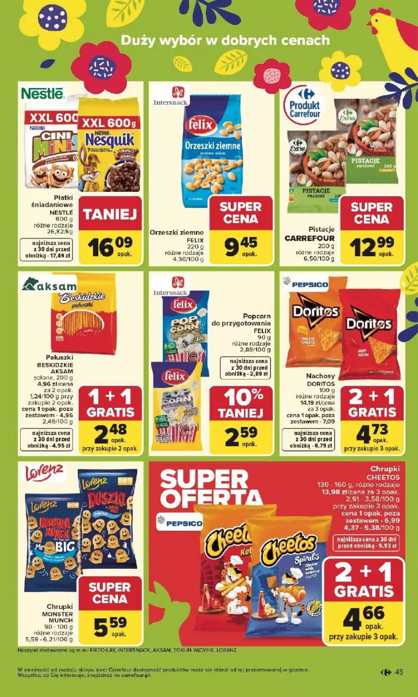 Gazetka promocyjna Carrefour - Gazetka Carrefour, Market od poniedziałku! - ważna 30.03 do 04.04.2026 - strona 47 - produkty: Aksam, Cheetos, Chrupki, Danio, Felix, LG, Lorenz, Monster Munch, Orzeszki, Orzeszki ziemne, Pepsi, Popcorn, Ser