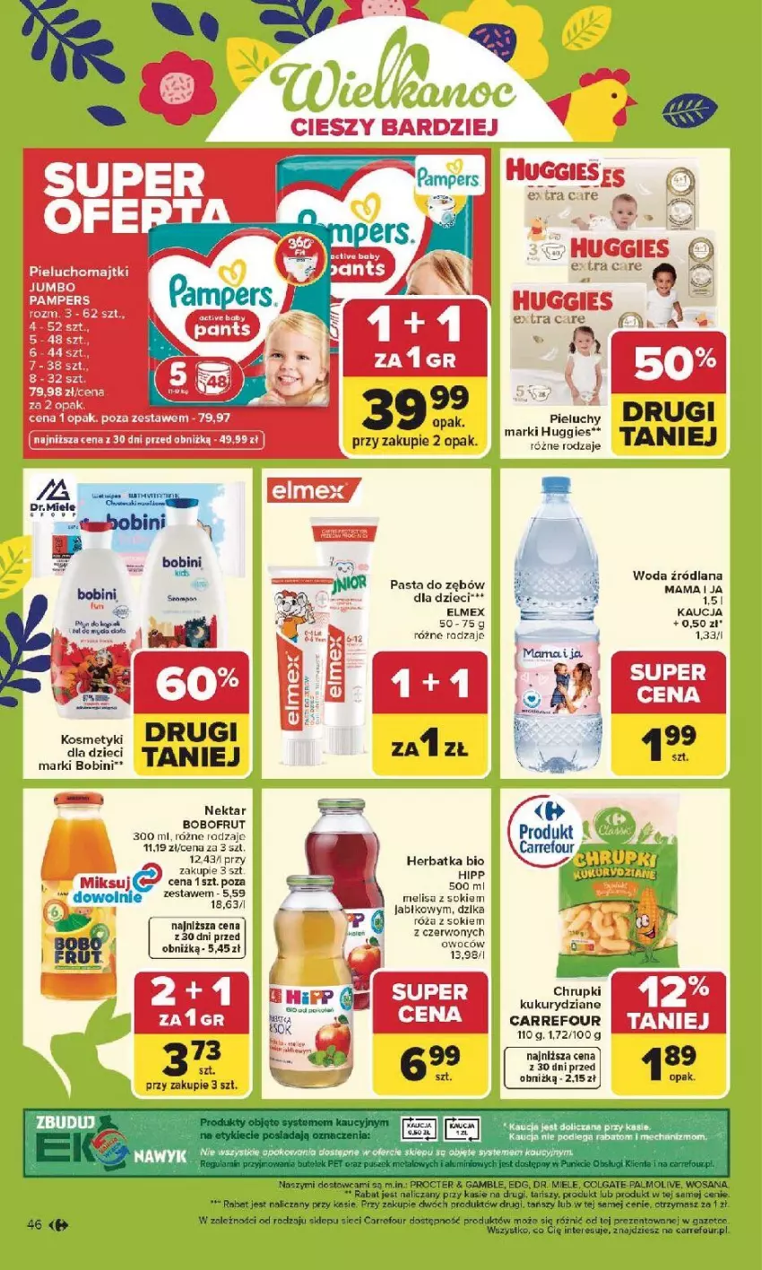 Gazetka promocyjna Carrefour - Gazetka Carrefour, Market od poniedziałku! - ważna 30.03 do 04.04.2026 - strona 48 - produkty: Bobofrut, Chrupki, Colgate, Dzieci, Dzika róża, Elmex, Fa, HiPP, Huggies, Kosmetyki dla dzieci, LANA, LG, Majtki, Mexx, Nektar, Pampers, Pasta do zębów, Pieluchomajtki, Pieluchy, Róża, Sok, Woda, Wosana
