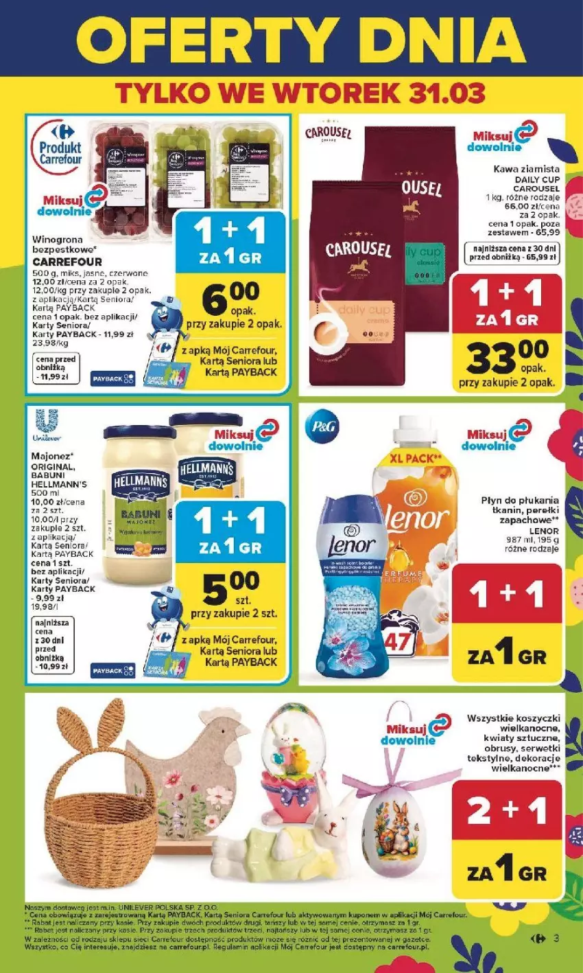 Gazetka promocyjna Carrefour - Gazetka Carrefour, Market od poniedziałku! - ważna 30.03 do 04.04.2026 - strona 5 - produkty: Babuni, Fa, Gin, Kawa, Kawa ziarnista, Kosz, Lenor, Majonez, Obrus, Perełki zapachowe, Płyn do płukania, Ser, Serwetki, Wino, Winogrona, Winogrona bezpestkowe