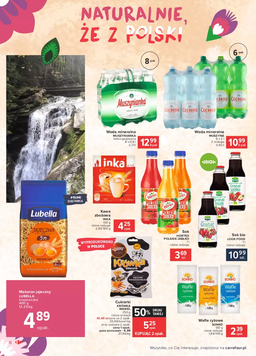 Gazetka promocyjna Carrefour - Gazetka  Znane, lubiane i z POLSKI - ważna 12.07 do 19.07.2021 - strona 6 - produkty: Bell, Bella, Cukier, Cukierki, Hortex, Inka, Kawa, Kawa zbożowa, Kosz, Lubella, Makaron, Mus, Muszynianka, Ryż, Sok, Sonko, Szyna, Wawel, Woda, Woda mineralna