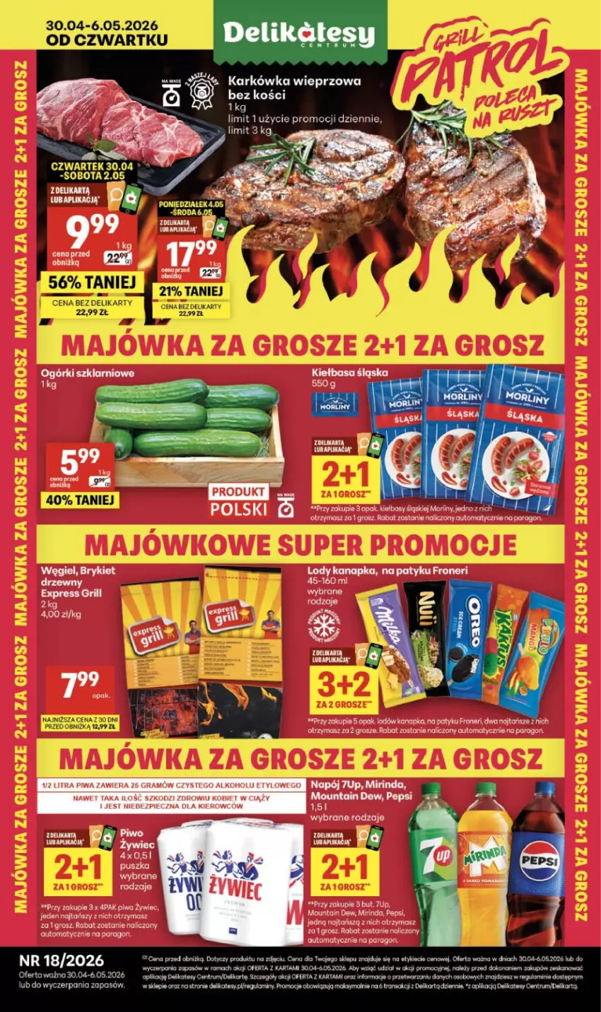 Gazetka promocyjna Delikatesy Centrum - Franczyza DC18 Czwartek - ważna 30.04 do 06.05.2026 - strona 1 - produkty: 7up, Dell, Gra, Grill, Karkówka wieprzowa, Mirinda, Pepsi, Piec, Piwa, Por, Rama, Rum, Tran