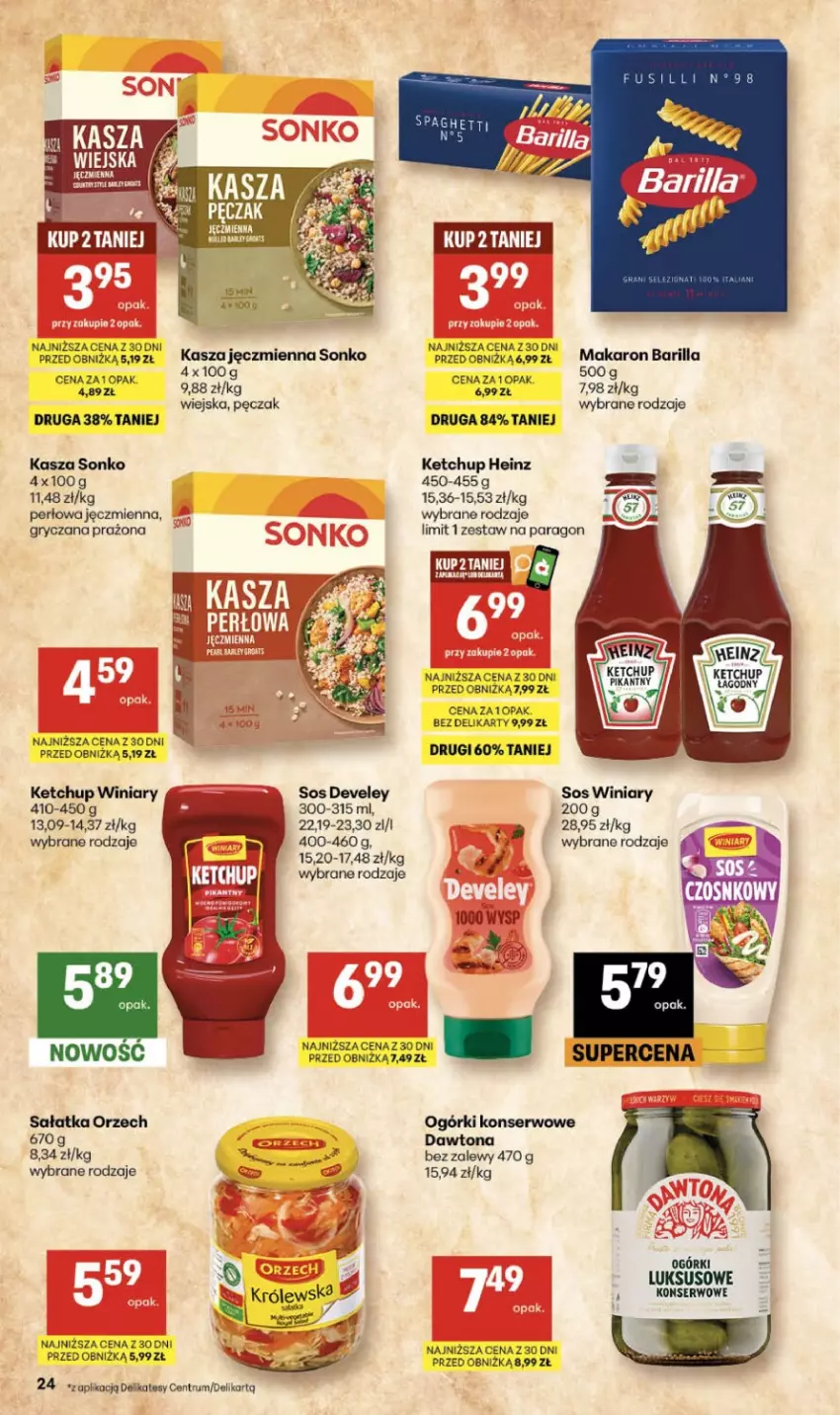 Gazetka promocyjna Delikatesy Centrum - Franczyza DC18 Czwartek - ważna 30.04 do 06.05.2026 - strona 24 - produkty: Barilla, Dawtona, Gry, Heinz, Kasza, Ketchup, Ogórki konserwowe, Rum, Sałat, Sałatka, Ser, Sonko, Sos, Winiary