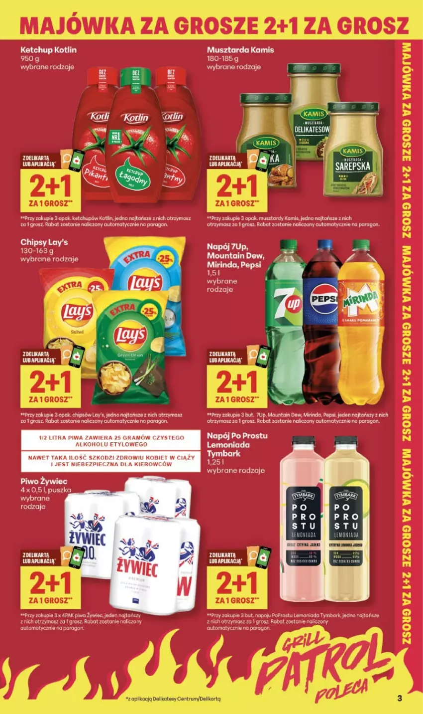 Gazetka promocyjna Delikatesy Centrum - Franczyza DC18 Czwartek - ważna 30.04 do 06.05.2026 - strona 3 - produkty: 7up, Chipsy, Gra, Kamis, Ketchup, Kotlin, Lemoniada, Mirinda, Mus, Musztarda, Napój, Pepsi, Piec, Piwa, Piwo, Rum, Tymbark