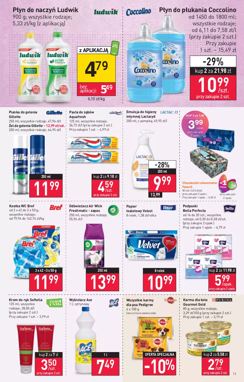 Gazetka promocyjna Stokrotka - Market - ważna 25.08 do 31.08.2022 - strona 11 - produkty: Air Wick, Aquafresh, Bell, Bella, Bref, Chusteczki, Coccolino, Emulsja, Fa, Gillette, Gourmet Gold, Krem do rąk, Lactacyd, Ludwik, Papier, Papier toaletowy, Pasta do zębów, Pedigree, Perfecta, Pianka do golenia, Płyn do płukania, Podpaski, Velvet