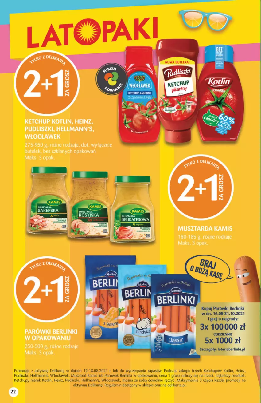 Gazetka promocyjna Delikatesy Centrum - Gazetka Delikatesy Centrum - ważna 12.08 do 18.08.2021 - strona 22 - produkty: Berlinki, Heinz, Kamis, Ketchup, Kotlin, Mus, Parówki, Pudliszki