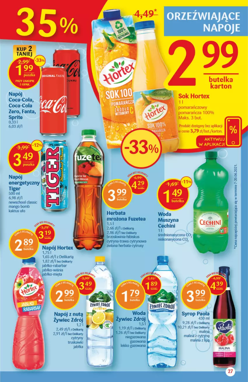 Gazetka promocyjna Delikatesy Centrum - Gazetka Delikatesy Centrum - ważna 12.08 do 18.08.2021 - strona 27 - produkty: Coca-Cola, Cytryny, Fa, Fanta, Gin, Herbata, Hibiskus, Hortex, Jabłka, Kaktus, Mango, Mięta, Napój, Paola, Sok, Sprite, Syrop, Tiger, Truskawki, Woda