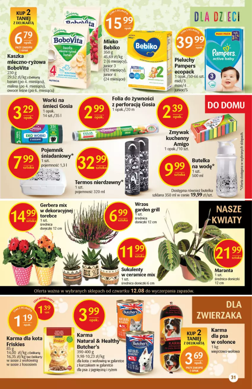 Gazetka promocyjna Delikatesy Centrum - Gazetka Delikatesy Centrum - ważna 12.08 do 18.08.2021 - strona 31 - produkty: Bebiko, BoboVita, Butcher's, Danio, Fa, Friskies, Gala, Gerber, Grill, Kurczak, LANA, Mleko, Owoce, Pampers, Pieluchy, Pojemnik, Ryż, Sos, Sukulent, Termos