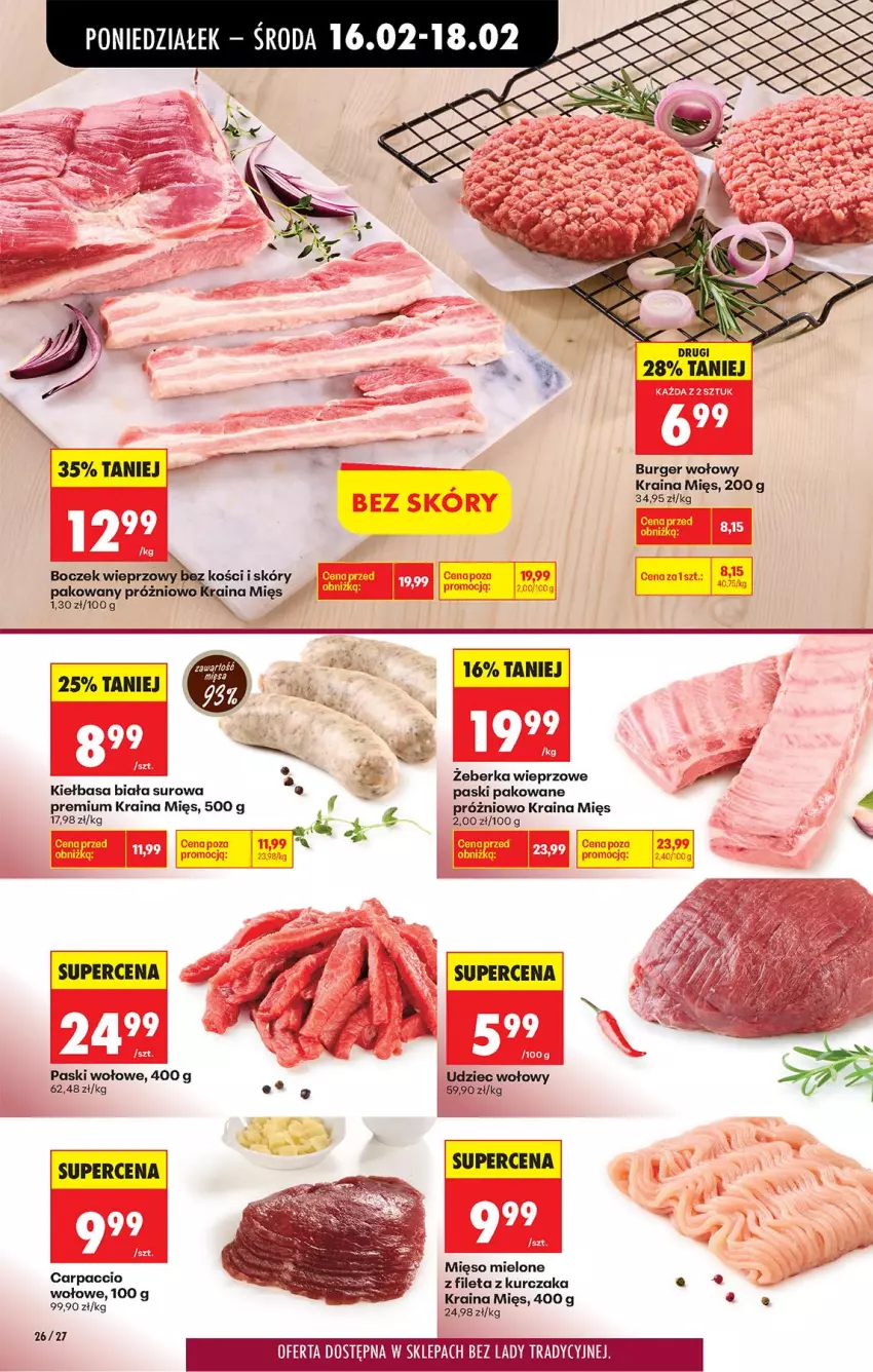 Gazetka promocyjna Biedronka - Gazetka - ważna 16.02 do 23.02.2026 - strona 32 - produkty: Boczek, Boczek wieprzowy, Burger, Fa, Kiełbasa, Kiełbasa biała, Kurczak, Mięso, Mięso mielone, Udziec wołowy