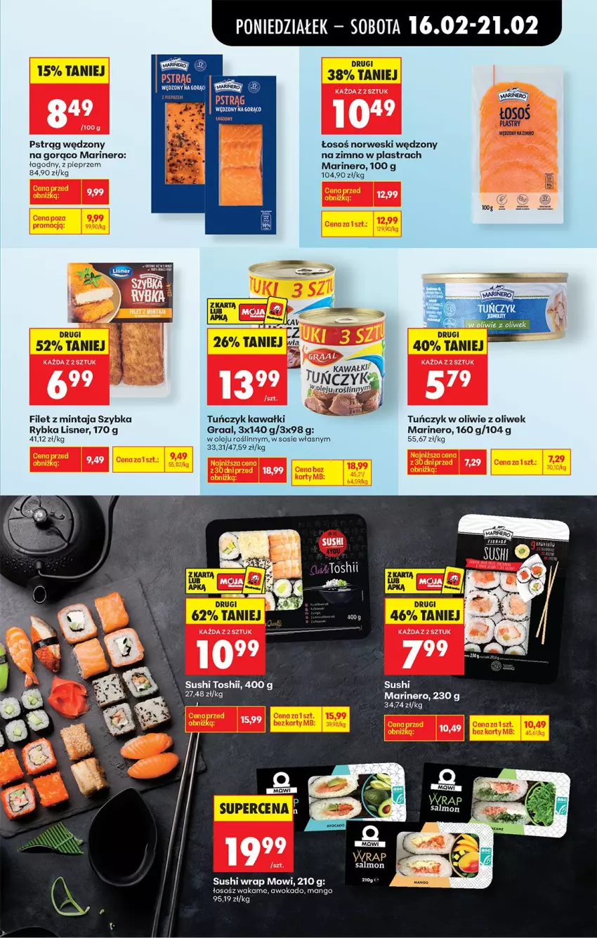 Gazetka promocyjna Biedronka - Gazetka - ważna 16.02 do 23.02.2026 - strona 35 - produkty: AEG, Filet z mintaja, Gra, Graal, Kawa, Lisner, Mango, Mintaj, Olej, Pieprz, Pstrąg, Pstrąg wędzony, Sos, Sushi, Tuńczyk