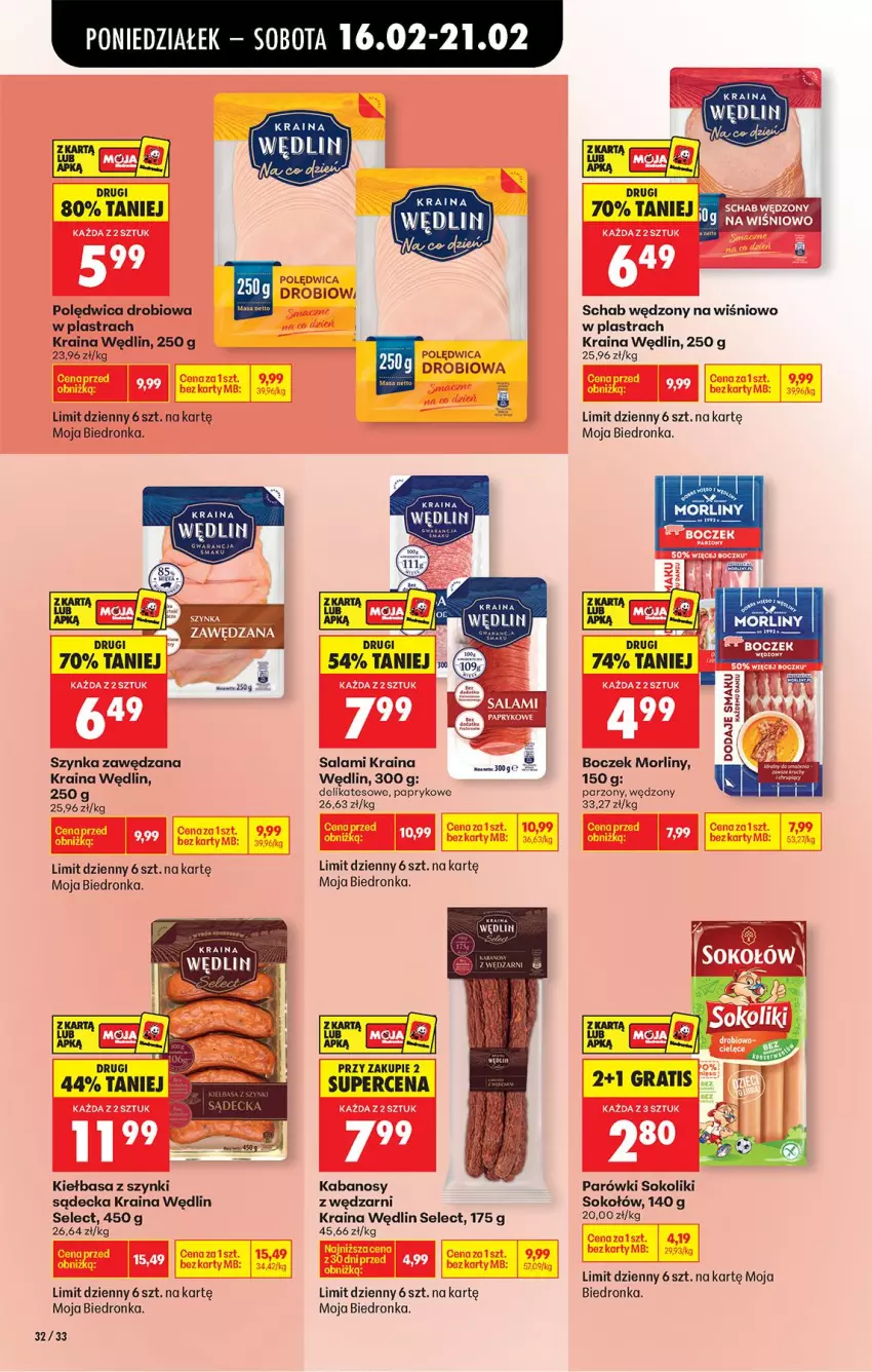 Gazetka promocyjna Biedronka - Gazetka - ważna 16.02 do 23.02.2026 - strona 40 - produkty: Boczek, Kabanos, Kiełbasa, Morliny, Parówki, Parówki sokoliki, Polędwica, Salami, Sok, Sokołów, Szynka