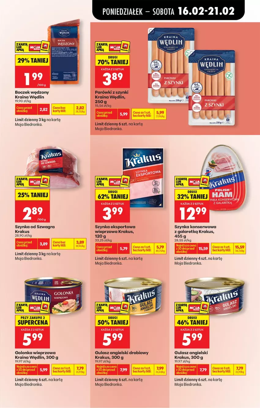 Gazetka promocyjna Biedronka - Gazetka - ważna 16.02 do 23.02.2026 - strona 41 - produkty: Boczek, Gala, Golonka wieprzowa, Gra, Krakus, Parówki, Parówki z szynki, Por, Ser, Sport, Szynka, Szynka konserwowa