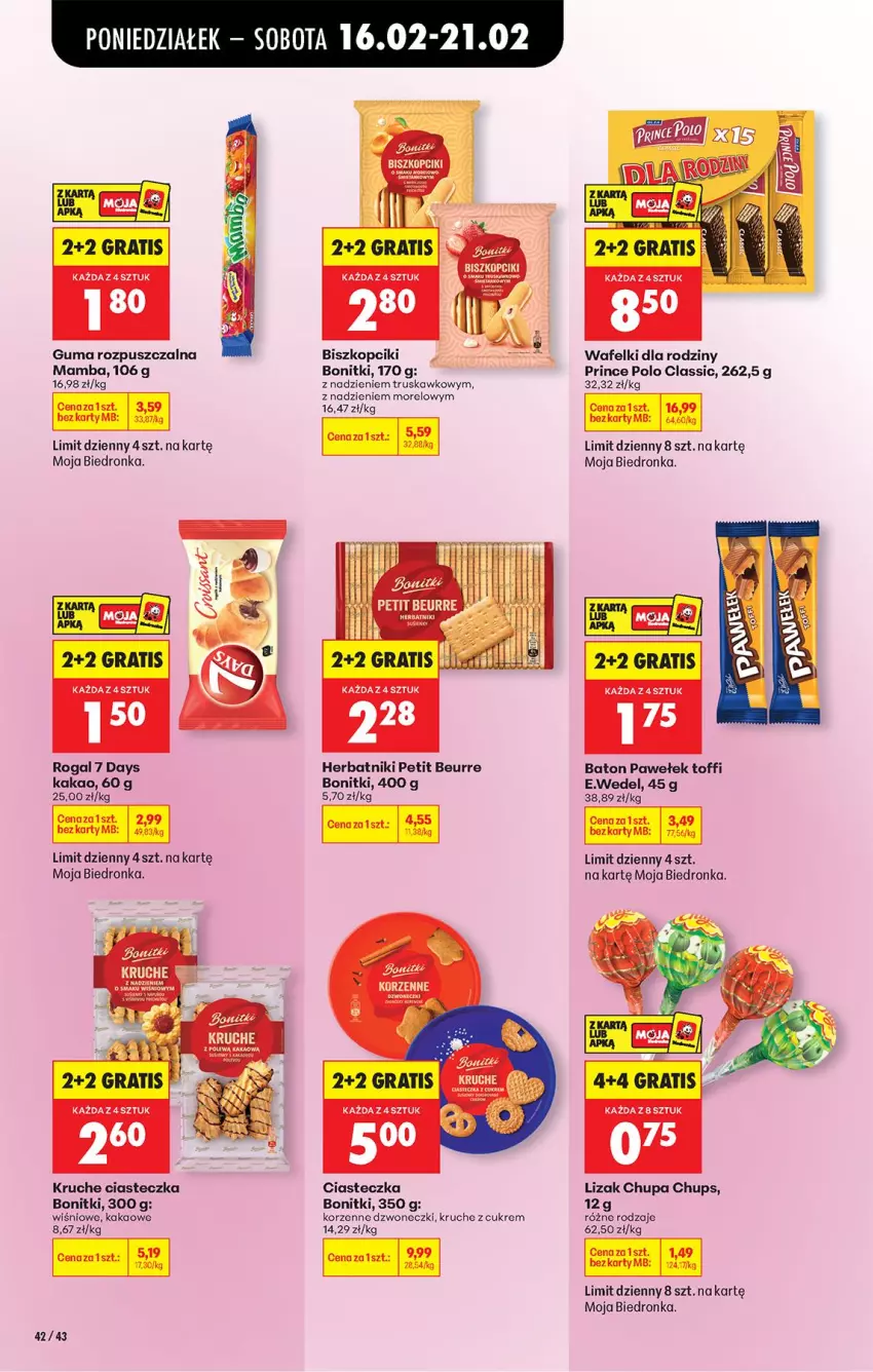 Gazetka promocyjna Biedronka - Gazetka - ważna 16.02 do 23.02.2026 - strona 52 - produkty: 7 Days, Baton, Bonitki, Chupa Chups, Gra, Guma rozpuszczalna, Herbatniki, Herbatniki Petit Beurre, Kakao, Mamba, Prince Polo, Rogal