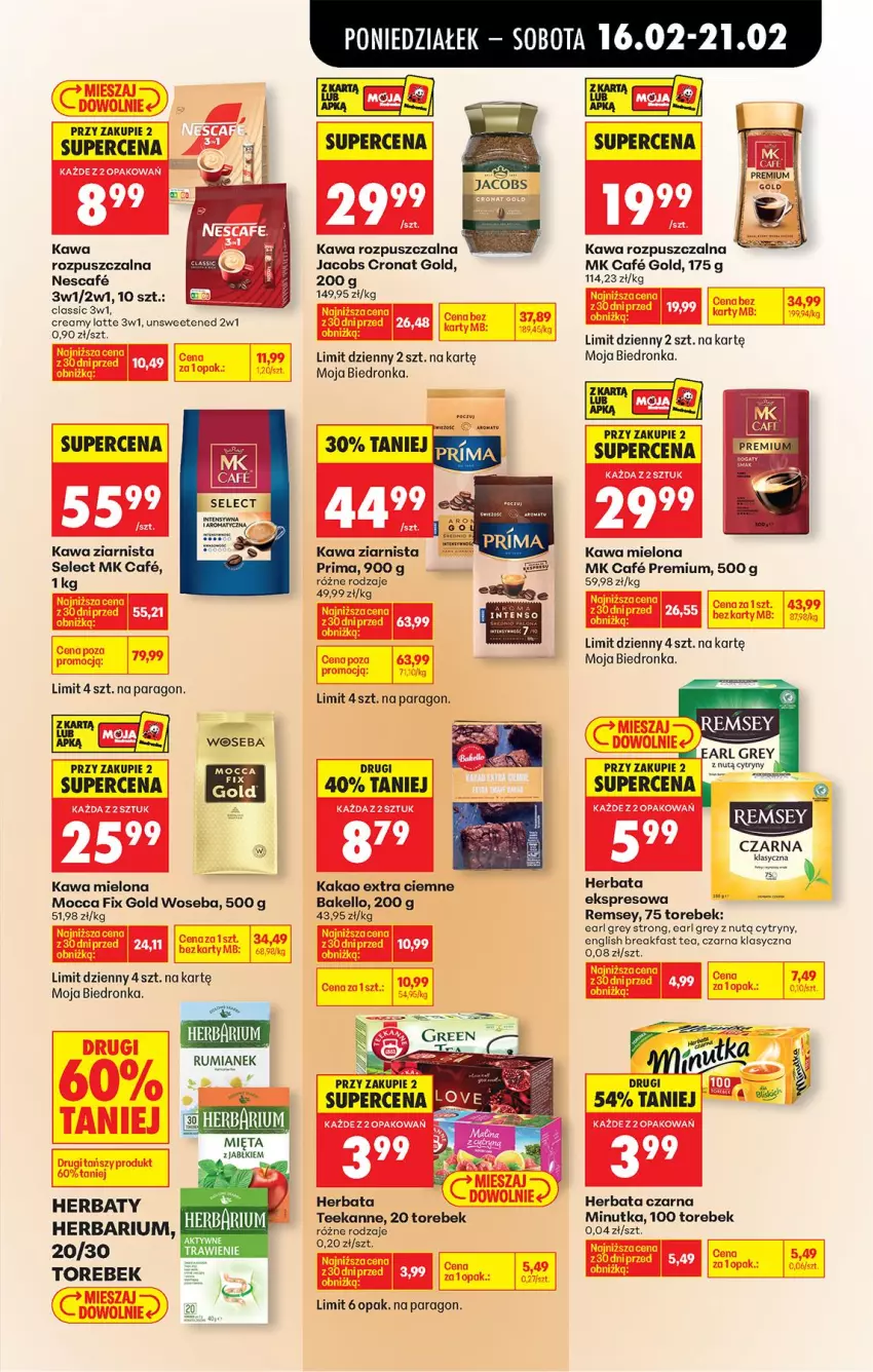 Gazetka promocyjna Biedronka - Gazetka - ważna 16.02 do 23.02.2026 - strona 59 - produkty: Cytryny, Earl Grey, Fa, Fotel, Herbata, Herbata czarna, Jacobs, Kakao, Kawa, Kawa mielona, Kawa rozpuszczalna, Kawa ziarnista, Mięta, Mocca Fix Gold, Prima, Rum, Teekanne, Woseba