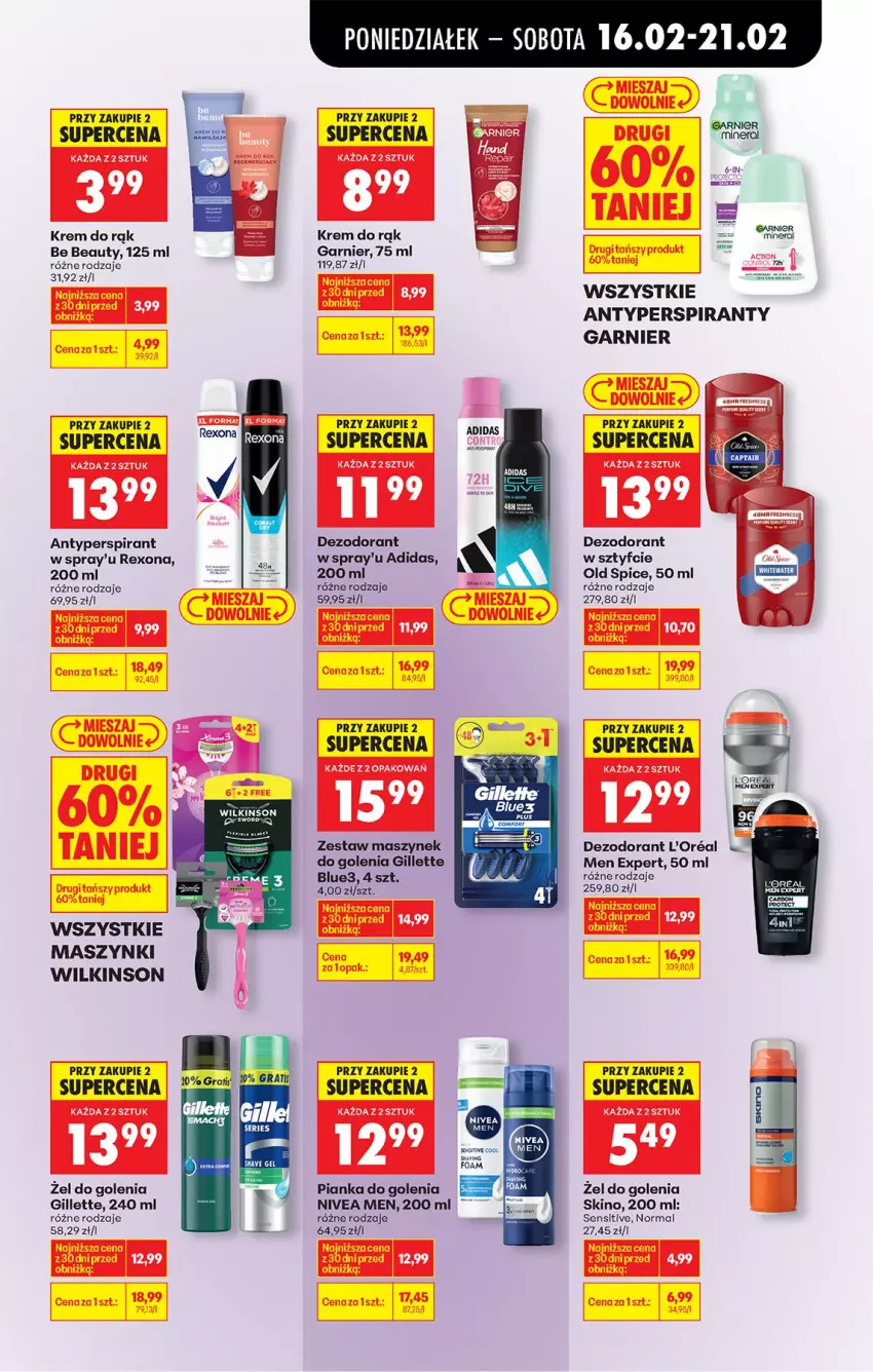Gazetka promocyjna Biedronka - Gazetka - ważna 16.02 do 23.02.2026 - strona 67 - produkty: Adidas, Antyperspirant, Be Be, Dezodorant, Garnier, Gillette, Krem do rąk, Nivea, Old Spice, Pianka do golenia, Rexona, Ser