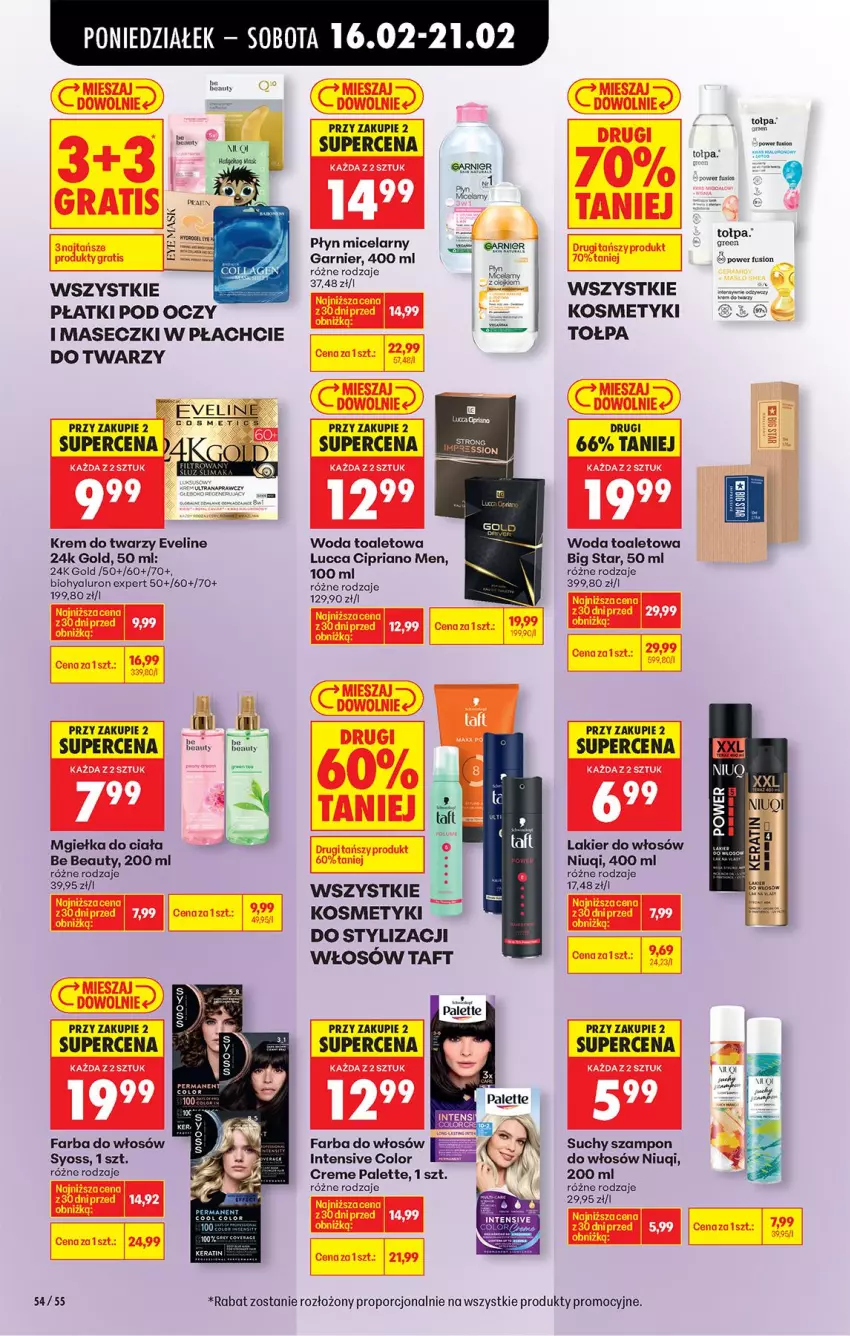 Gazetka promocyjna Biedronka - Gazetka - ważna 16.02 do 23.02.2026 - strona 68 - produkty: Be Be, Color Creme, Eveline, Fa, Farba do włosów, Fusion, Garnier, Gra, Krem do twarzy, Lakier, Lakier do włosów, Niuqi, Nuty, Palette, Płyn micelarny, Por, Suchy szampon, Syoss, Szampon, Taft, Tera, Tołpa, Woda, Woda toaletowa