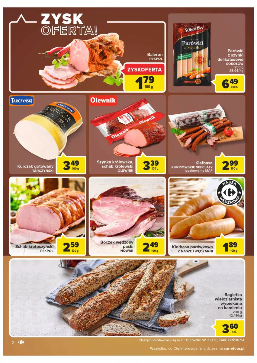 Gazetka promocyjna Carrefour - Gazetka Carrefour - ważna 01.03 do 12.03.2022 - strona 2 - produkty: Bagietka, Boczek, Kiełbasa, Królewski, Kurczak, Kurczak gotowany, NOWAK, Olewnik, Parówki, Pekpol, Schab krotoszyński, Sok, Sokołów, Szynka, Szynka Królewska, Tarczyński