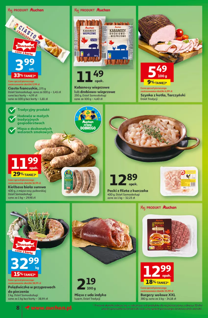 Gazetka promocyjna Auchan - Pewność Niskich Cen Supermarket - ważna 13.03 do 19.03.2025 - strona 10 - produkty: Burger, Ciasto francuskie, Kabanos, Kiełbasa, Kiełbasa biała, Kurczak, Mięso, Piec, Szynka, Tarczyński