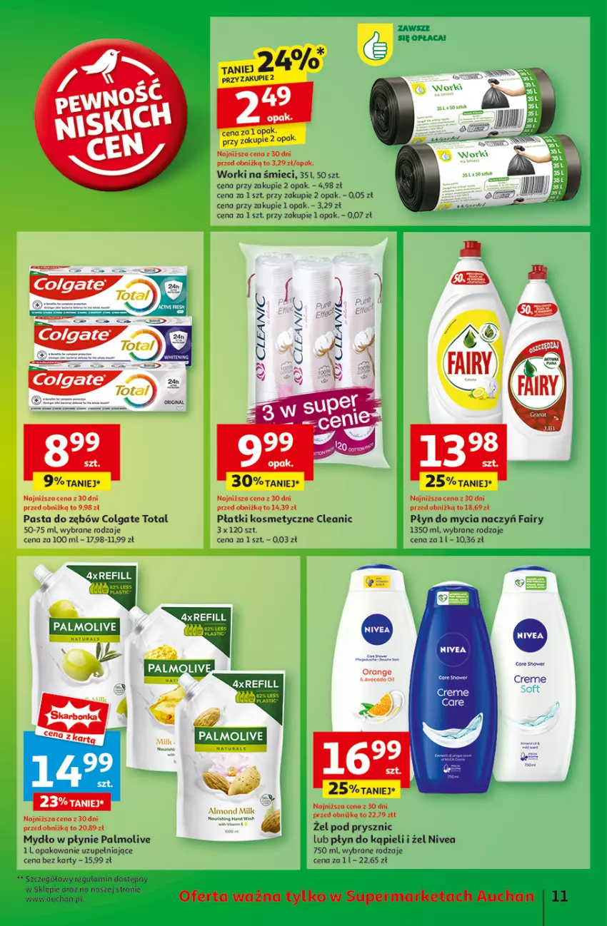 Gazetka promocyjna Auchan - Pewność Niskich Cen Supermarket - ważna 13.03 do 19.03.2025 - strona 13 - produkty: Cleanic, Colgate, Colgate Total, Do mycia naczyń, Fa, Fairy, LG, Mydło, Mydło w płynie, Nivea, Palmolive, Pasta do zębów, Płatki kosmetyczne, Płyn do kąpieli, Płyn do mycia, Płyn do mycia naczyń