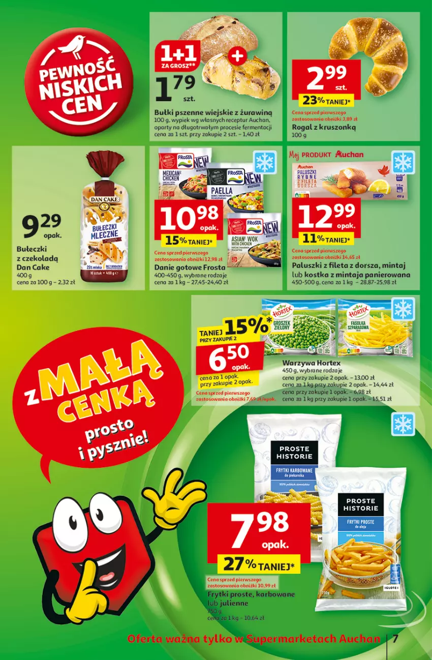 Gazetka promocyjna Auchan - Pewność Niskich Cen Supermarket - ważna 13.03 do 19.03.2025 - strona 9 - produkty: Bułeczki, Dan Cake, Danie gotowe, Dorsz, Fa, Frosta, Frytki, Groszek, Hortex, Mintaj, Por, Rogal, Warzywa