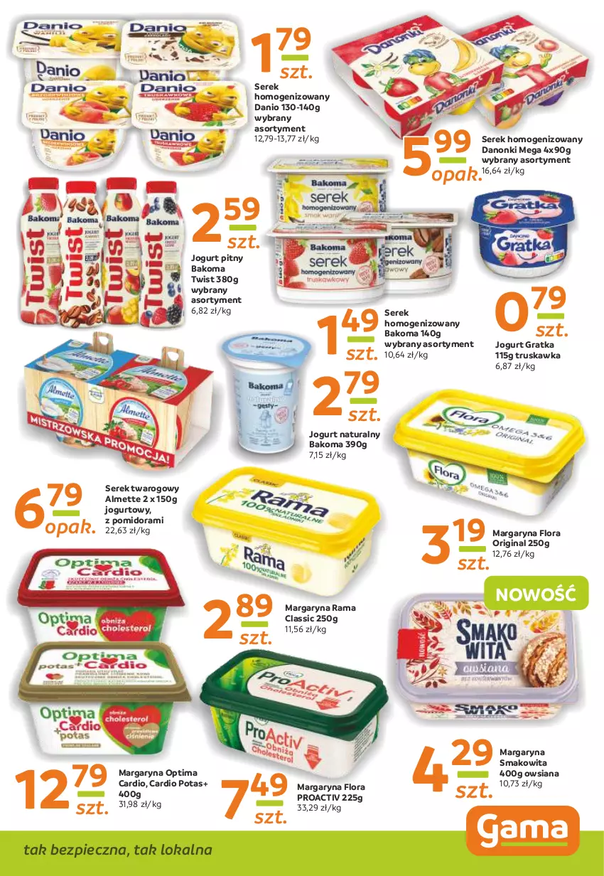 Gazetka promocyjna Gama - Gazetka Gama - ważna 10.06 do 21.06.2021 - strona 7 - produkty: Almette, Bakoma, Danio, Danonki, Flora, Gin, Gra, Jogurt, Jogurt naturalny, Jogurt pitny, Margaryna, Optima, Optima Cardio, Piec, Rama, Ser, Serek, Serek homogenizowany, Serek twarogowy, Smakowita