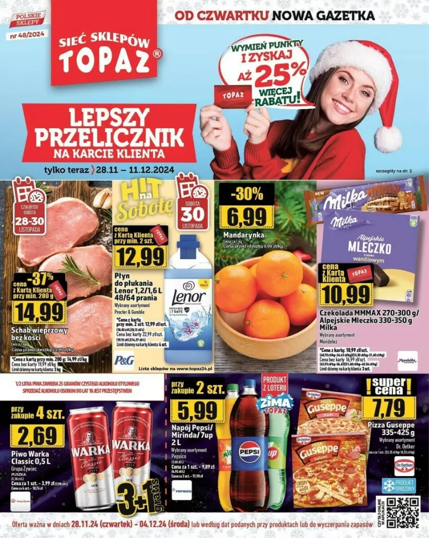 Gazetka promocyjna Topaz - ważna 28.11 do 11.12.2024 - strona 1 - produkty: Czekolada, Dr. Oetker, Fa, Milka, Mleczko, Piwo, Warka