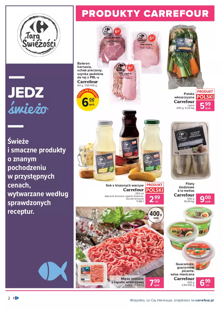 Gazetka promocyjna Carrefour - Gazetka Produkt Carrefour - ważna 01.02 do 13.02.2021 - strona 2 - produkty: Amol, Buraki, Mięso, Mięso mielone, Mięso mielone z łopatki wieprzowej, Piec, Salsa, Schab pieczony, Sok, Sok z kiszonych warzyw, Szynka