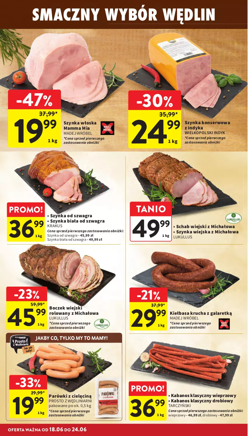 Gazetka promocyjna Intermarche - Gazetka promocyjna - ważna 18.06 do 24.06.2026 - strona 14 - produkty: Boczek, Gala, Gra, Kabanos, Kiełbasa, Kiełbasa krucha, Krakus, Madej Wróbel, Parówki, Ser, Szynka, Szynka biała, Szynka konserwowa, Tarczyński