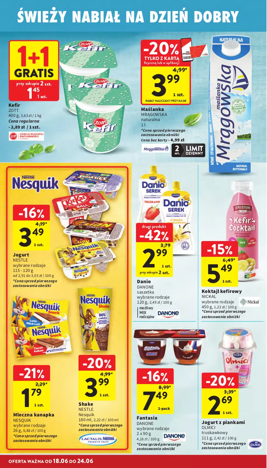 Gazetka promocyjna Intermarche - Gazetka promocyjna - ważna 18.06 do 24.06.2026 - strona 20 - produkty: Danio, Danone, Fa, Fanta, Gra, Jogurt, Kefir, Maślanka, Mleczna kanapka, Nesquik, Zott