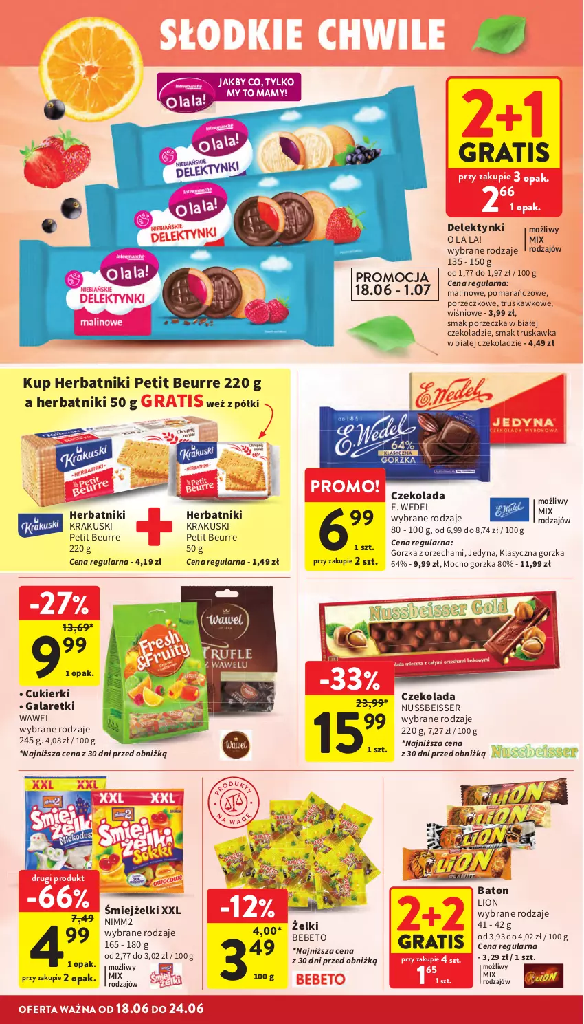 Gazetka promocyjna Intermarche - Gazetka promocyjna - ważna 18.06 do 24.06.2026 - strona 26 - produkty: Baton, Cukier, Cukierki, Czekolada, E. Wedel, Gala, Galaretki, Gra, Herbatniki, Herbatniki Petit Beurre, Krakus, Krakuski, Lion, Nimm2, Por, Ser, Wawel