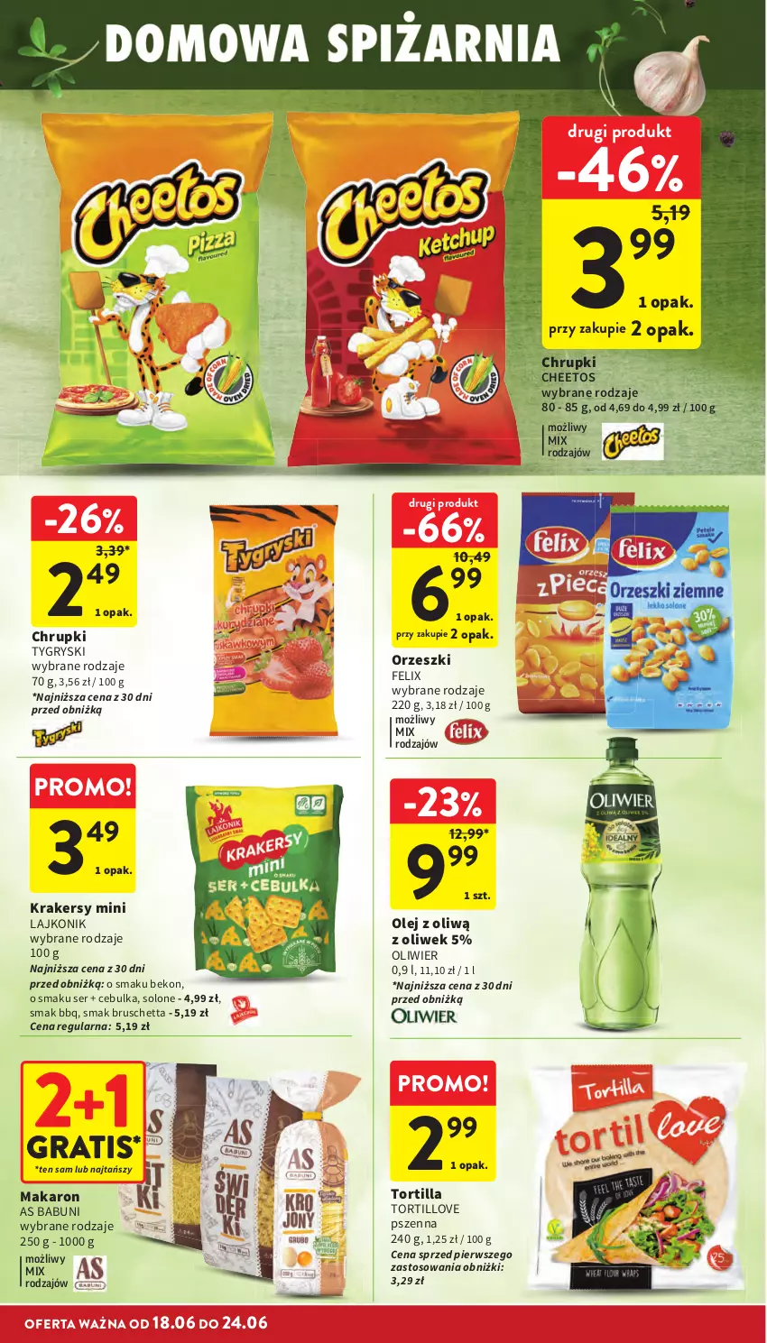 Gazetka promocyjna Intermarche - Gazetka promocyjna - ważna 18.06 do 24.06.2026 - strona 28 - produkty: Babuni, Beko, Cheetos, Chrupki, Felix, Gra, Gry, Krakersy, Lajkonik, Makaron, Olej, Orzeszki, Ser, Tortilla