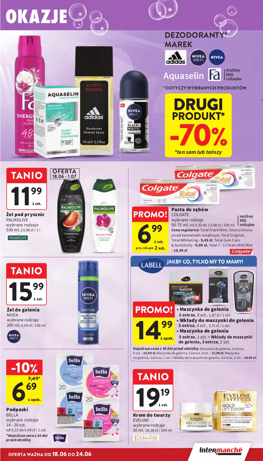 Gazetka promocyjna Intermarche - Gazetka promocyjna - ważna 18.06 do 24.06.2026 - strona 37 - produkty: Aquaselin, Bell, Bella, Colgate, Dezodorant, Eveline, Gin, Krem do twarzy, LG, Maszynka, Maszynka do golenia, Nivea, Palmolive, Pasta do zębów, Podpaski, Szynka