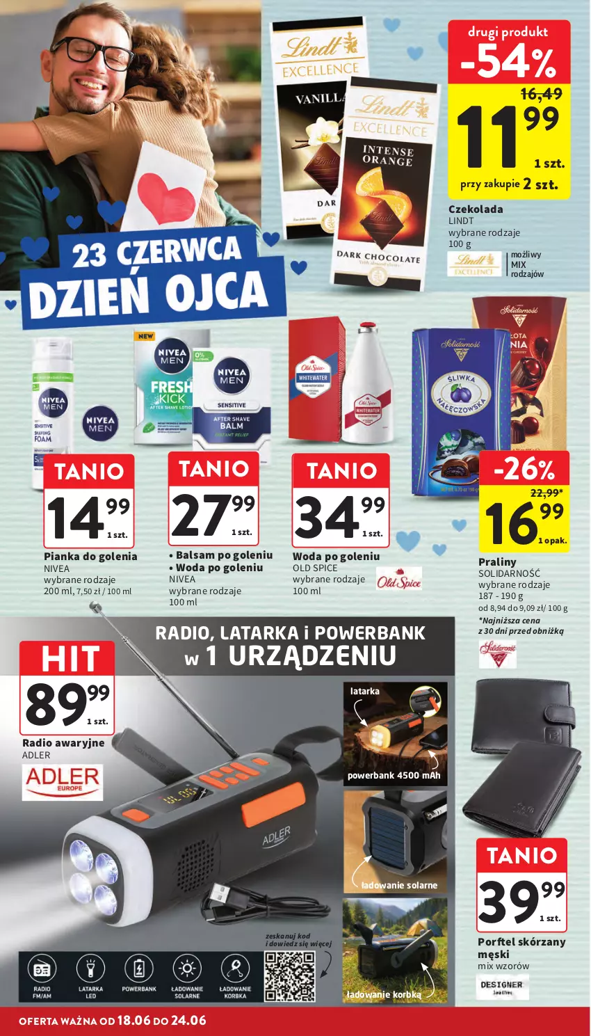 Gazetka promocyjna Intermarche - Gazetka promocyjna - ważna 18.06 do 24.06.2026 - strona 6 - produkty: Balsam po goleniu, Czekolada, Latarka, Lindt, Nivea, Old Spice, Pianka do golenia, Por, Powerbank, Praliny, Tarka, Woda, Woda po goleniu