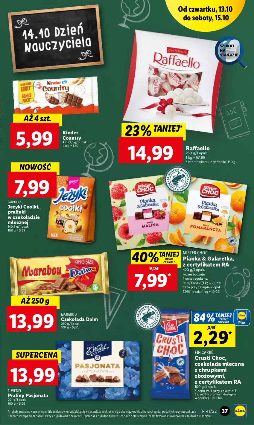 Gazetka promocyjna Lidl - GAZETKA - ważna 13.10 do 15.10.2022 - strona 37 - produkty: Czekolada, Czekolada mleczna, E. Wedel, Fa, Gala, Galaretka, Goplana, Jeżyki, Kinder, LANA, Por, Praliny, Raffaello, Rust