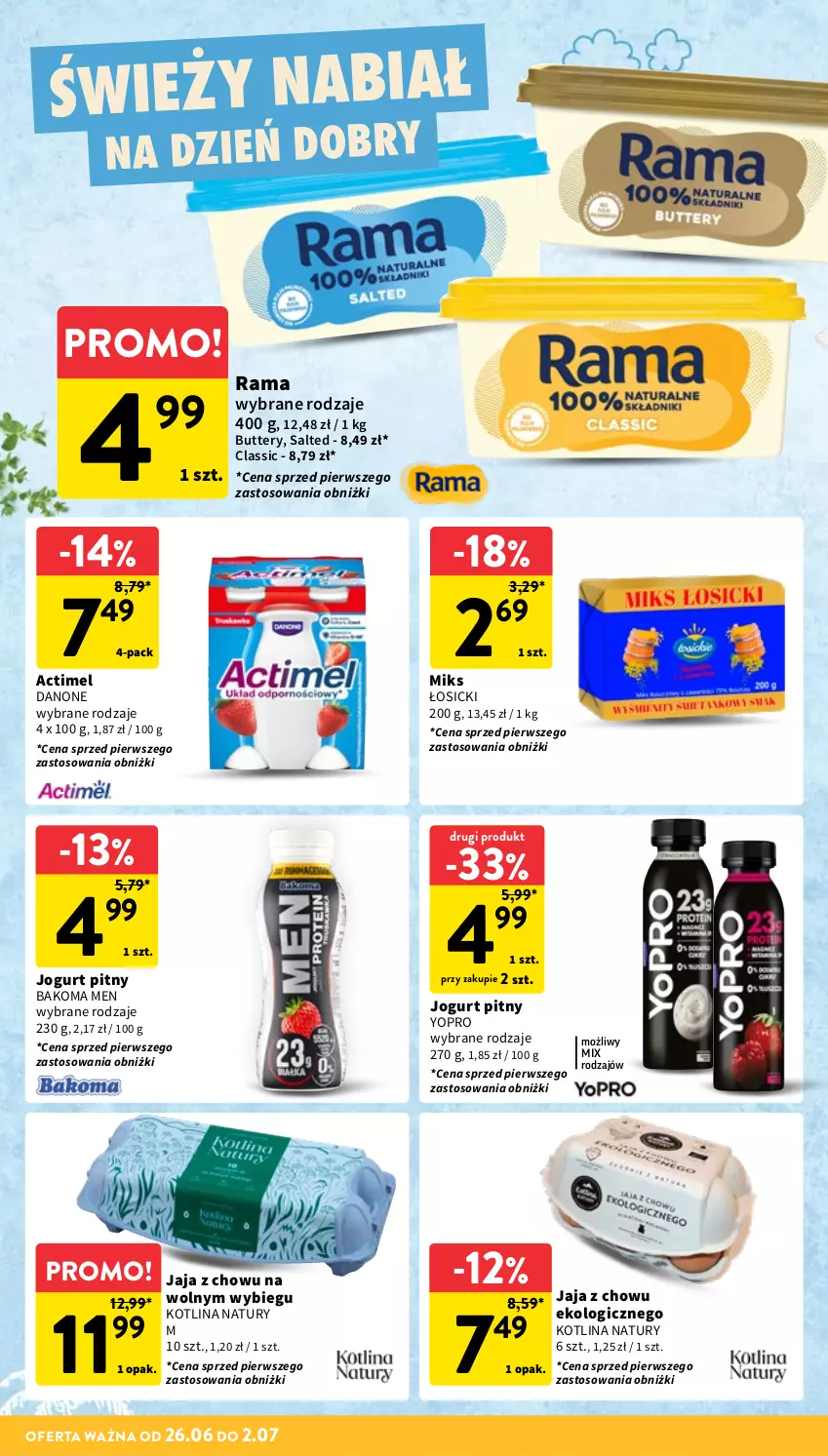 Gazetka promocyjna Intermarche - Gazetka promocyjna - ważna 26.06 do 02.07.2025 - strona 19 - produkty: Actimel, Bakoma, Danone, Jaja, Jogurt, Jogurt pitny, Kotlin, Rama