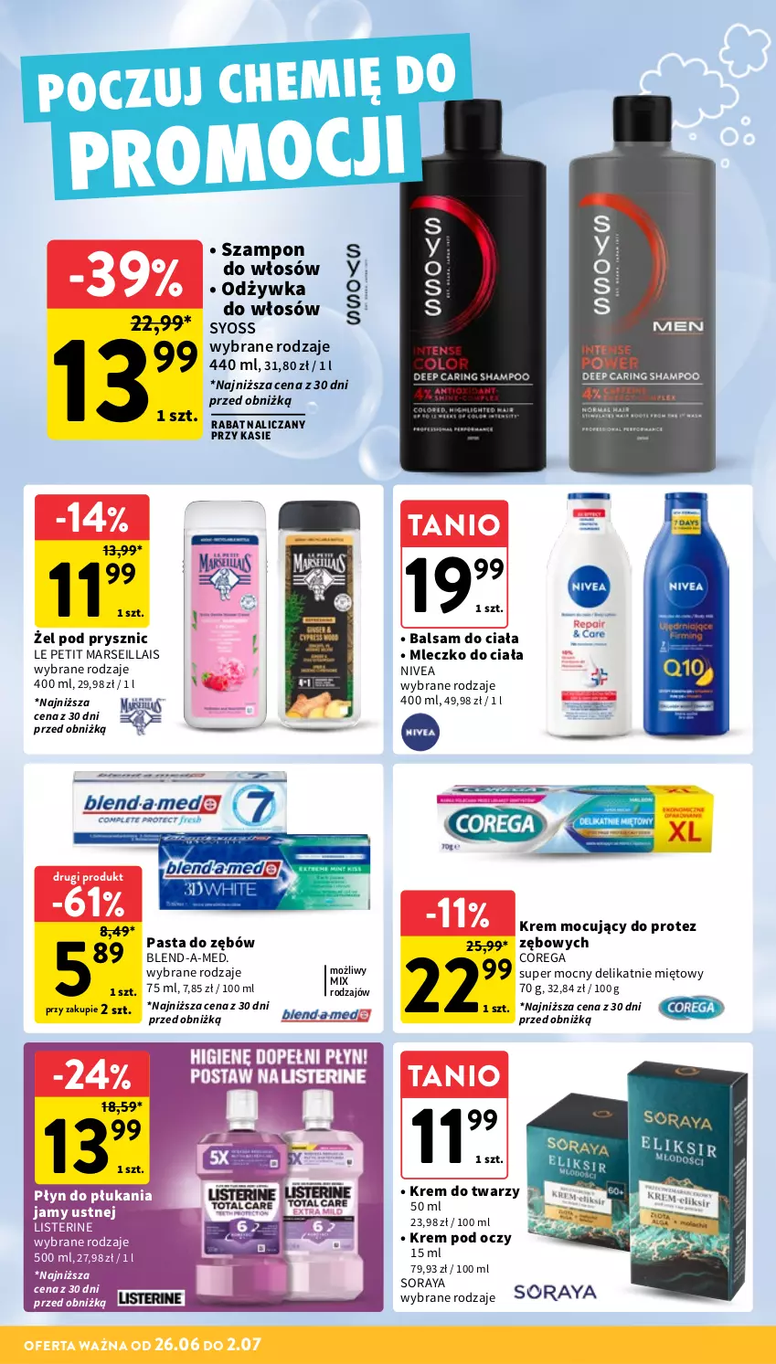 Gazetka promocyjna Intermarche - Gazetka promocyjna - ważna 26.06 do 02.07.2025 - strona 33 - produkty: Balsam do ciała, Blend-a-Med, Corega, Krem do twarzy, Krem pod oczy, Listerine, Mars, Mleczko, Mleczko do ciała, Nivea, Odżywka, Pasta do zębów, Płyn do płukania, Płyn do płukania jamy ustnej, Syoss, Szampon
