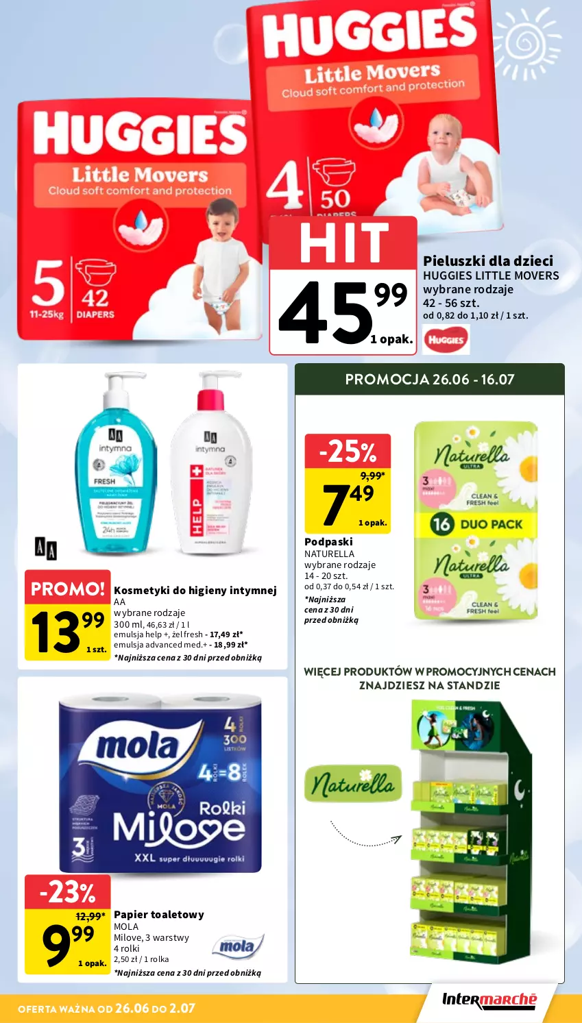 Gazetka promocyjna Intermarche - Gazetka promocyjna - ważna 26.06 do 02.07.2025 - strona 34 - produkty: Dzieci, Emulsja, Huggies, Mola, Naturell, Naturella, Papier, Papier toaletowy, Podpaski, Rolki