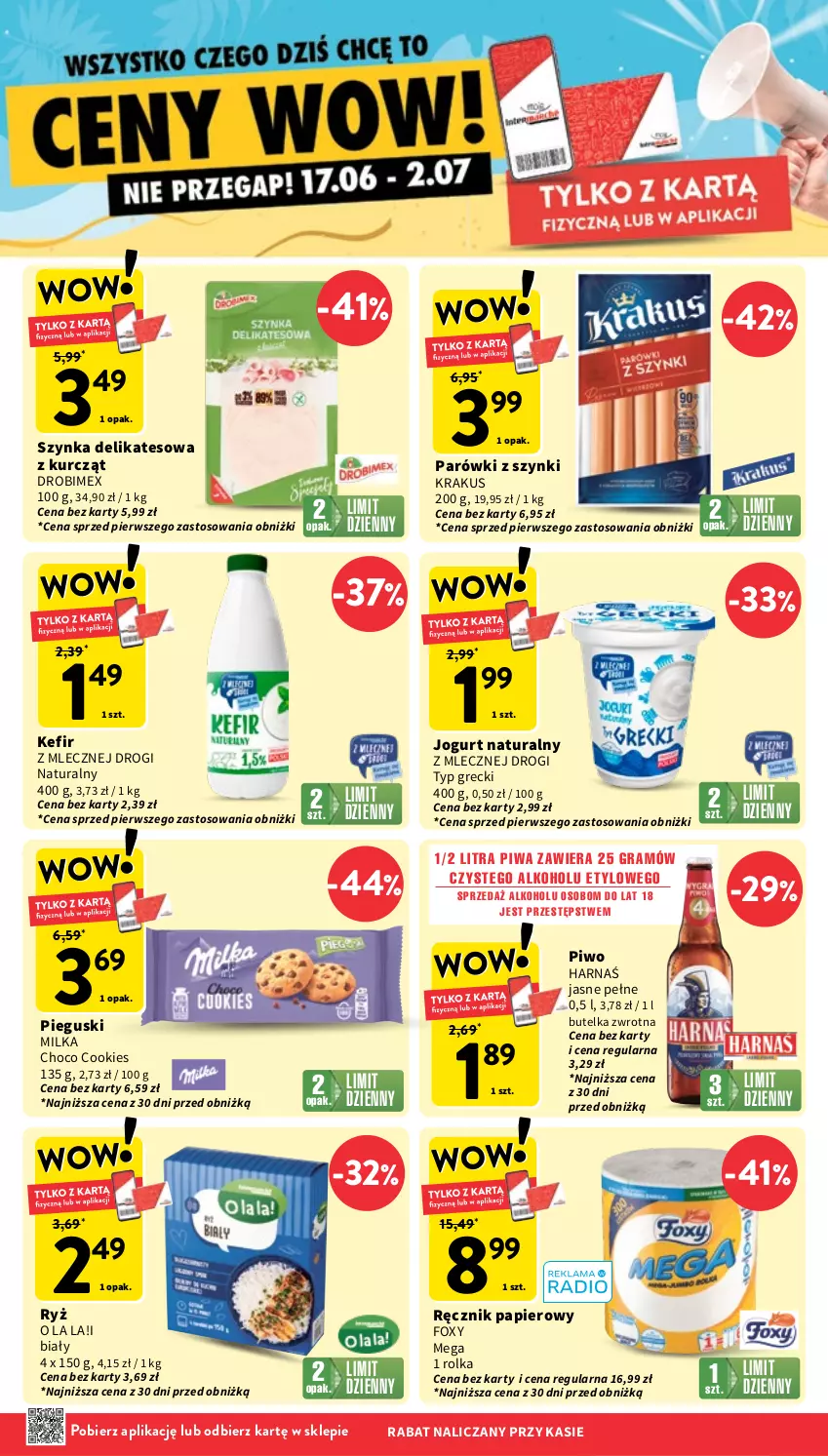 Gazetka promocyjna Intermarche - Gazetka promocyjna - ważna 26.06 do 02.07.2025 - strona 5 - produkty: Drobimex, Foxy, Gra, Harnaś, Jogurt, Jogurt naturalny, Kefir, Krakus, Milka, Papier, Parówki, Parówki z szynki, Piwa, Piwo, Ręcznik, Ryż, Szynka, Szynka delikatesowa