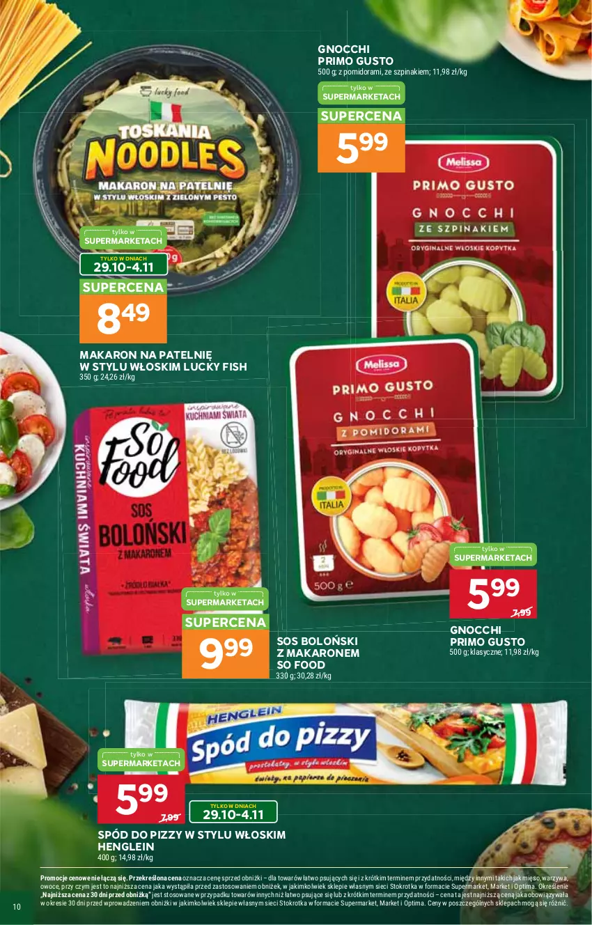 Gazetka promocyjna Stokrotka - Włochy od kuchni - ważna 29.10 do 18.11.2026 - strona 10 - produkty: Gnocchi, Makaron, Mięso, Optima, Owoce, So Food, Sos, Spód do pizzy, Szpinak, Warzywa