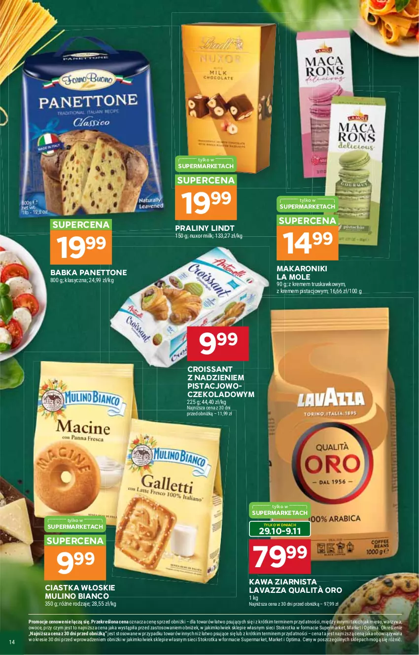 Gazetka promocyjna Stokrotka - Włochy od kuchni - ważna 29.10 do 18.11.2026 - strona 14 - produkty: Babka, Ciastka, Croissant, Kawa, Kawa ziarnista, Lavazza, Lindt, Makaron, Mięso, Optima, Owoce, Praliny, Warzywa