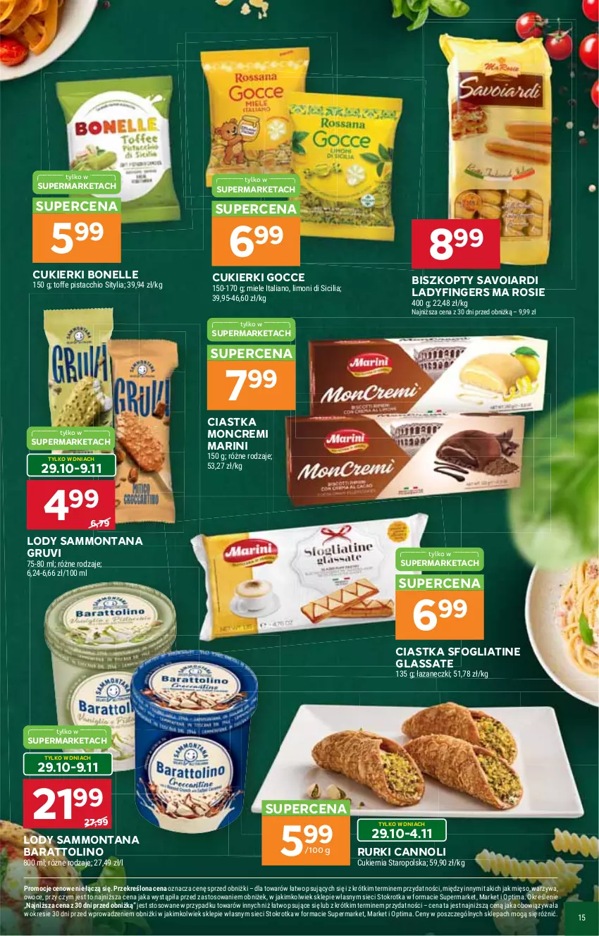 Gazetka promocyjna Stokrotka - Włochy od kuchni - ważna 29.10 do 18.11.2026 - strona 15 - produkty: Biszkopty, Ciastka, Cukier, Cukierki, Lody, Mięso, Optima, Owoce, Rosie, Rurki, Warzywa