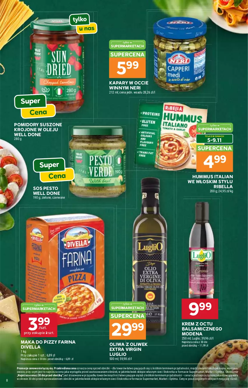 Gazetka promocyjna Stokrotka - Włochy od kuchni - ważna 29.10 do 18.11.2026 - strona 8 - produkty: Bell, Bella, Fa, Gin, Hummus, Kapary, Mąka, Mąka do pizzy, Mięso, Mus, Olej, Oliwa, Oliwa z oliwek, Optima, Owoce, Pesto, Pomidory, Sos, Warzywa