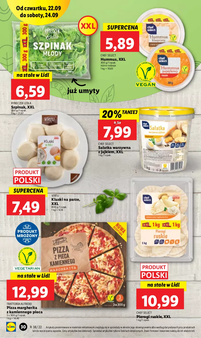 Gazetka promocyjna Lidl - GAZETKA - ważna 22.09 do 24.09.2022 - strona 30 - produkty: Hummus, Kluski na parze, Mus, Piec, Pierogi, Pizza, Pizza margherita, Sałat, Sałatka, Sałatka warzywna, Szpinak, Virtu