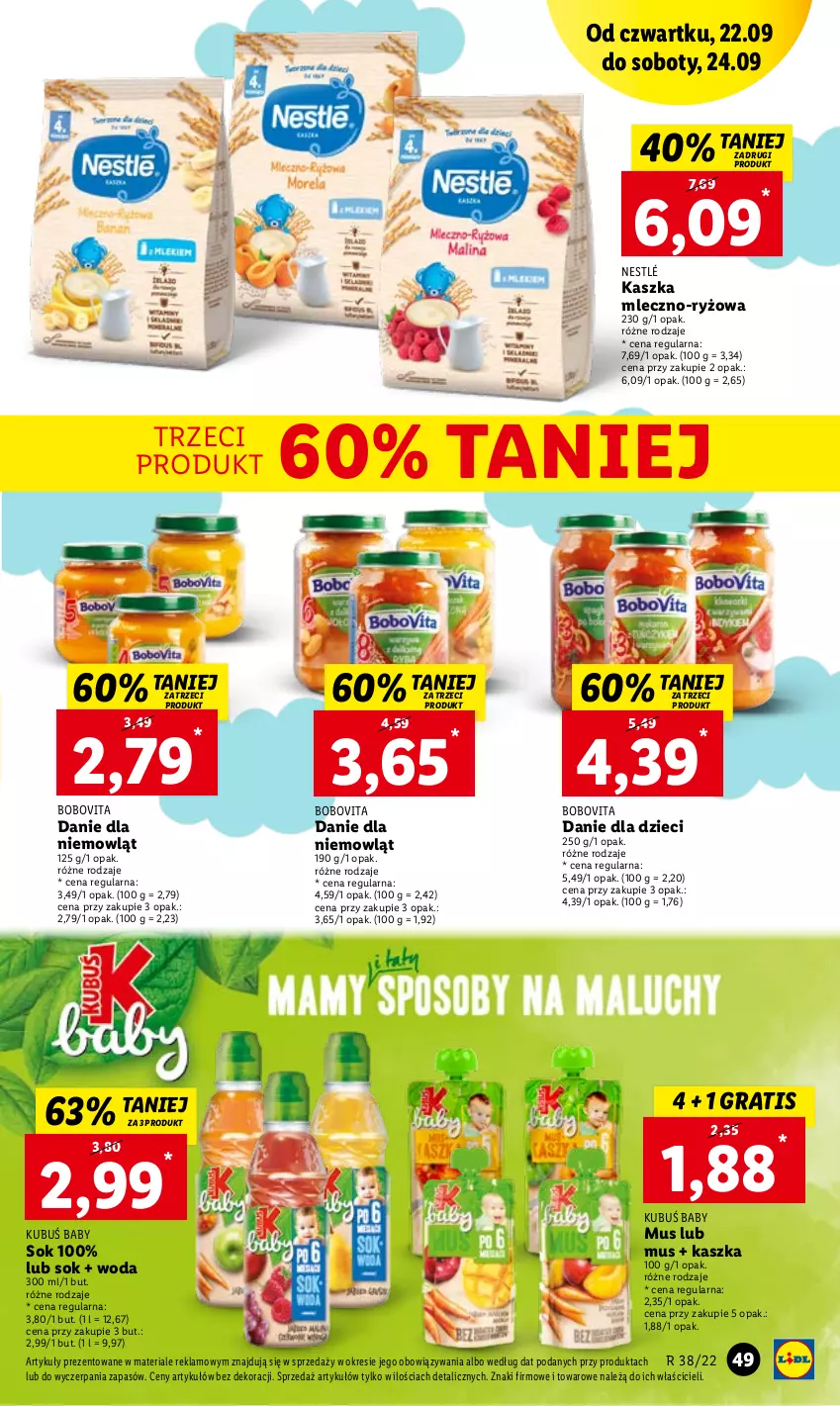 Gazetka promocyjna Lidl - GAZETKA - ważna 22.09 do 24.09.2022 - strona 49 - produkty: BoboVita, Danie dla dzieci, Dzieci, Gra, Kubuś, Mus, Nestlé, Ryż, Sok, Woda