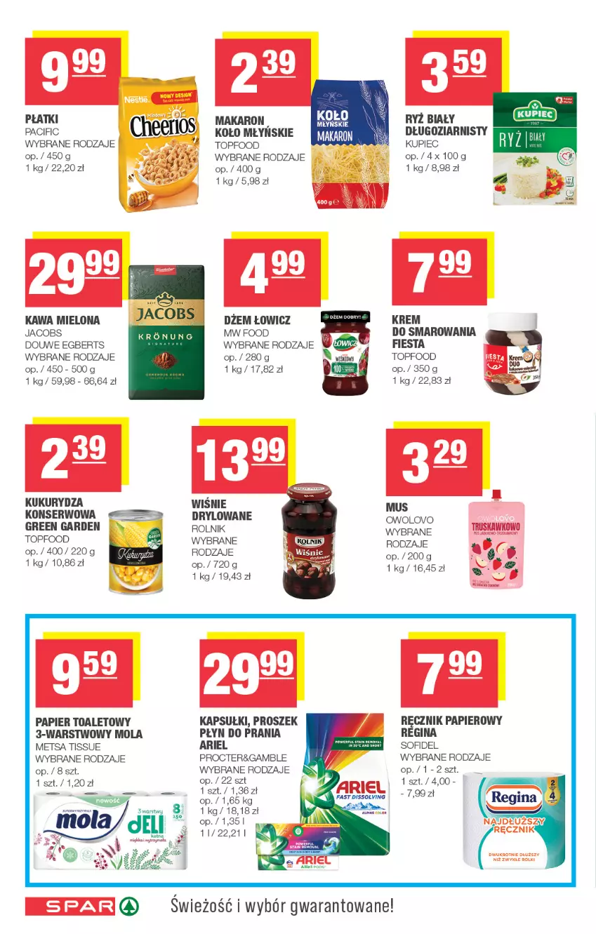 Gazetka promocyjna Spar - Spar - ważna 09.09 do 20.09.2026 - strona 6 - produkty: Ariel, Cif, Dżem, Gin, Jacobs, Kawa, Kawa mielona, Kukurydza, Kukurydza konserwowa, Kupiec, Makaron, Mola, Mus, Papier, Papier toaletowy, Piec, Płyn do prania, Ręcznik, Rolki, Rolnik, Ryż, Ryż biały, Ser, Top