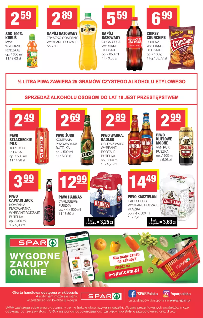 Gazetka promocyjna Spar - Spar - ważna 09.09 do 20.09.2026 - strona 8 - produkty: Captain Jack, Carlsberg, Chipsy, Coca-Cola, Crunchips, Harnaś, Kasztelan, Lorenz, Napój, Napój gazowany, Piwo, Pur, Radler, Sok, Top, Warka
